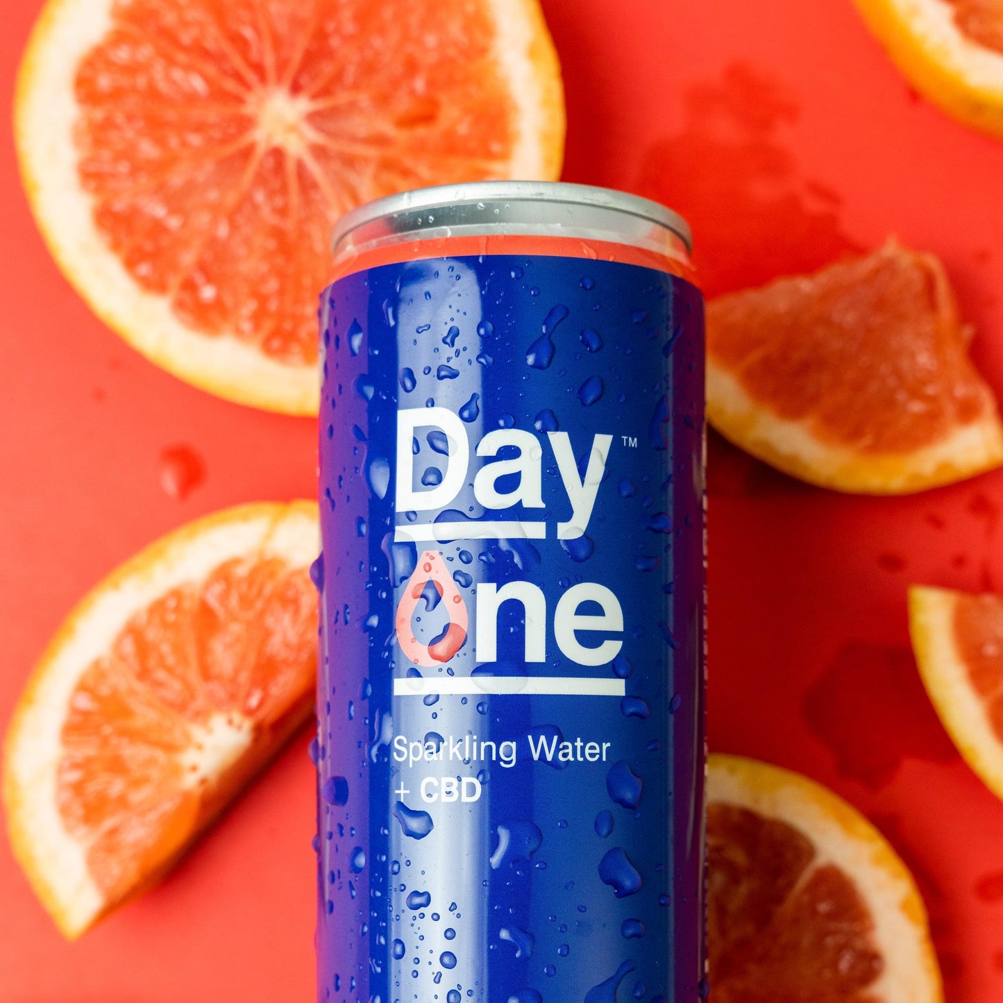 A can of Grapefruit CBD Sparkling Water with grapefruit slices scattered