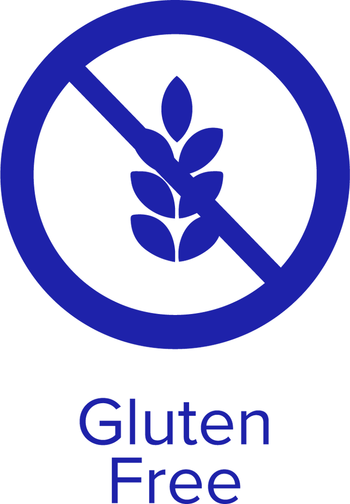 Blue wheat icon in a blue circle with a line through it with text below that reads "Gluten Free"