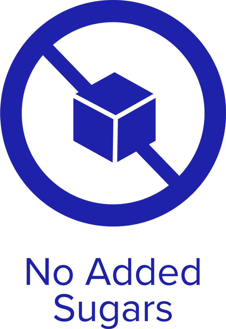 Cube icon in a blue circle with a line through it with text below that reads "No Added Sugars"