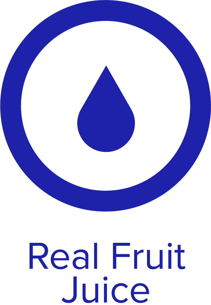 Blue water drop in a blue circle with text below that reads "Real Fruit Juice"
