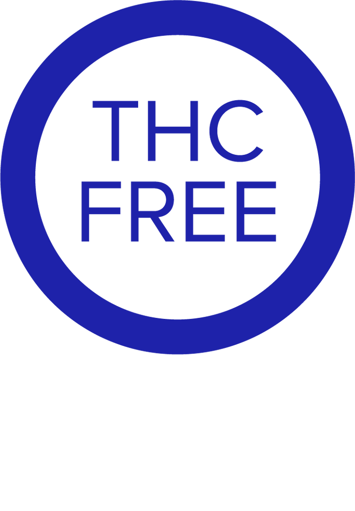 Blue text that reads "THC Free" in a blue circle