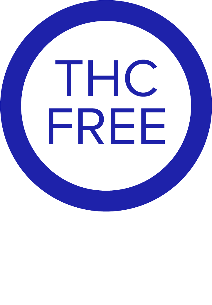 Blue text that reads "THC Free" in a blue circle