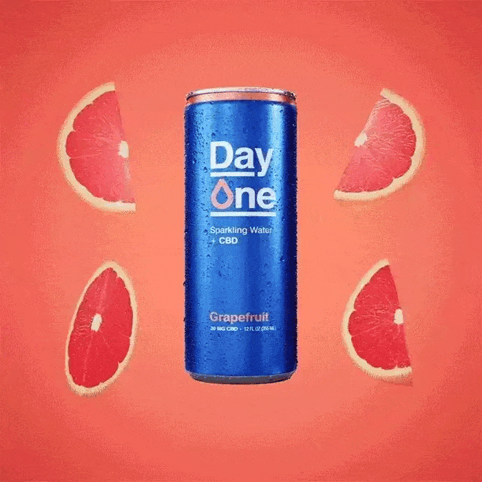 A Day One Grapefruit CBD can with Grapefruit scattered around